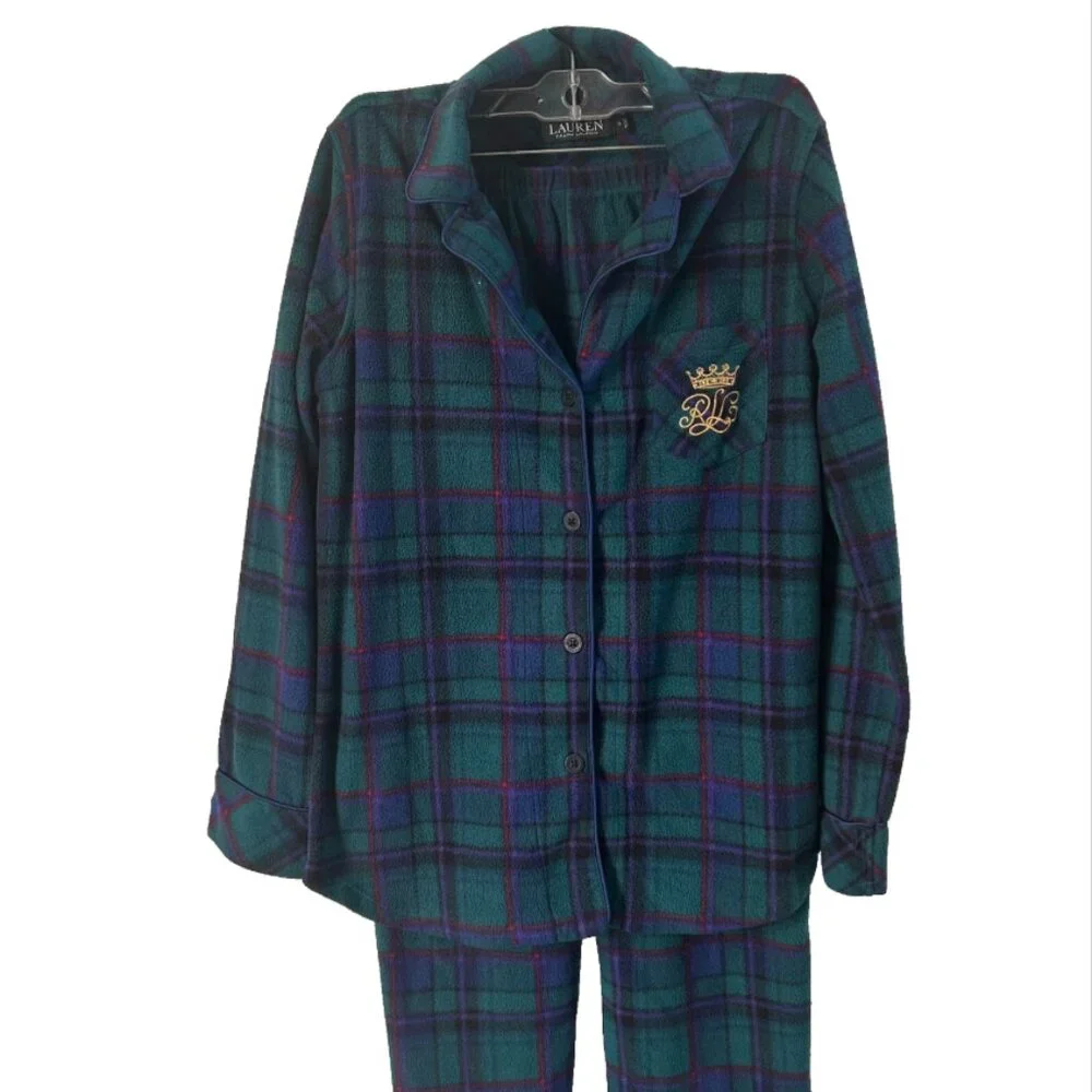Lauren Ralph Lauren Green Plaid Flannel Pajama Set Embroidered Crest S Lounge
